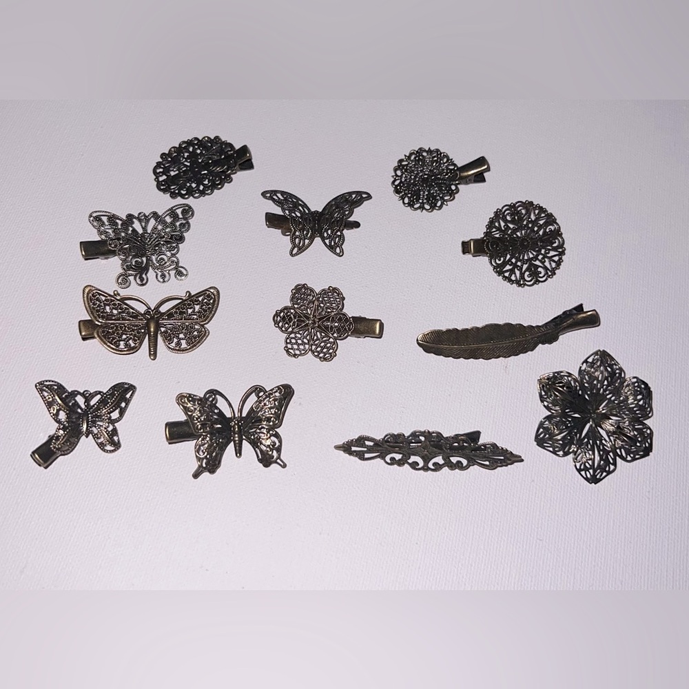 Hair Clips Butterfly Flower Feather Hair Barrettes 12 Piece Set Bronze Tone New - Picture 2 of 16